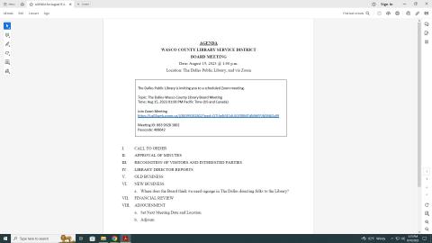 Agenda for Library Board meeting of August 15, 2023