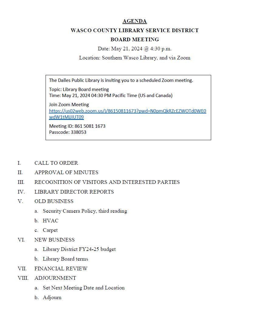 Agenda for Board meeting